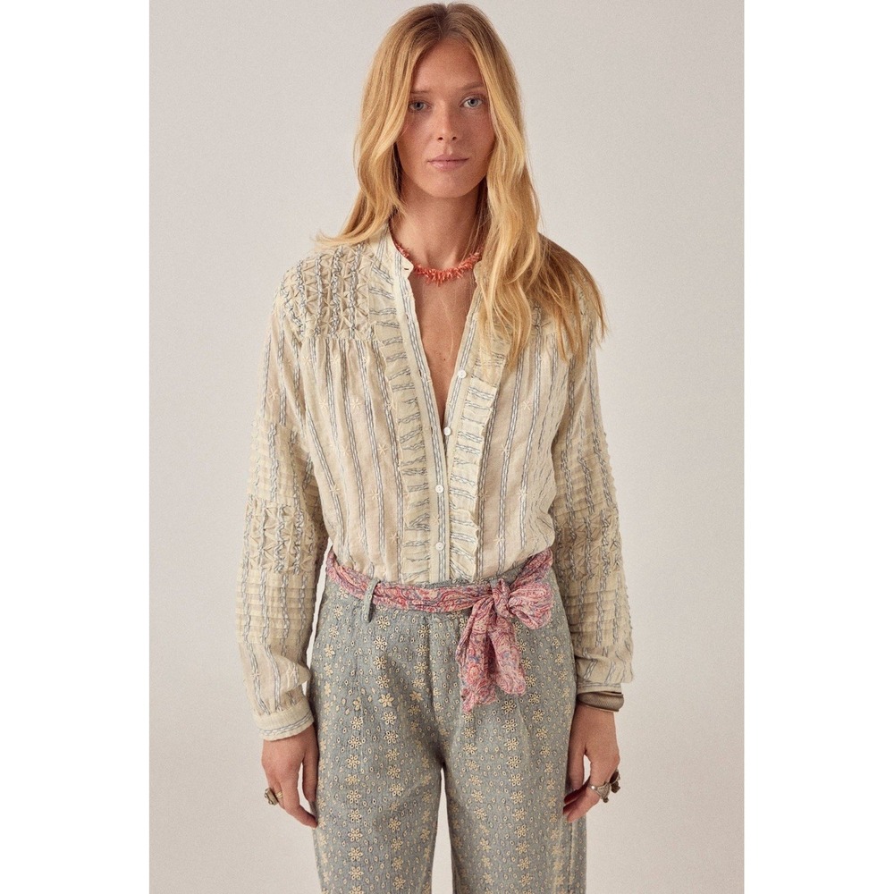 Maison Hotel Womens Elta Blouse Cloud Thread Small Ruffles Cotton Farmhouse
